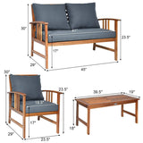 Tangkula 4 PCS Acacia Wood Patio Furniture Set, Outdoor Seating Chat Set with Gray Cushions & Back Pillow
