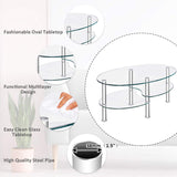 Glass Coffee Table, 2-Tier Modern Oval Smooth Glass Tea Table End Table