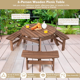 Tangkula 6 Person Cedar Wood Picnic Table, Outdoor Round Picnic Table with 3 Built-in Benches, Umbrella Hole, Outside Table and Bench Set