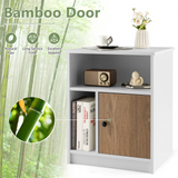 Tangkula Nightstand Set of 2, Wooden Sofa Side End Table with Bamboo Door & Open Compartments