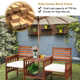 Tangkula Acacia Wood Loveseat, 3pcs Outdoor Table Chairs Set (White)