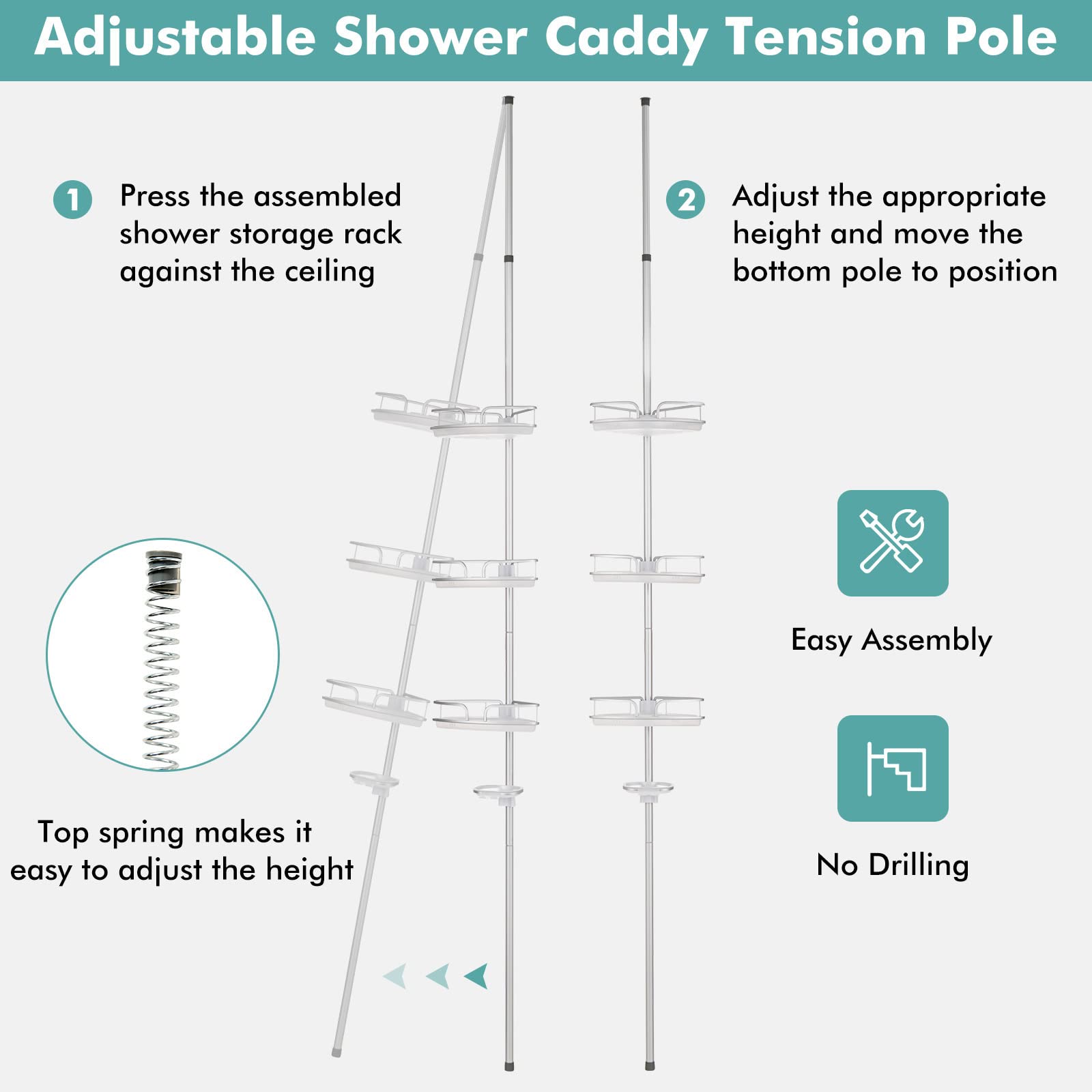 Corner Shower Caddy Tension Pole, 4 Tier Shower Basket Shelves Adjustable  Height