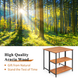 Patio Acacia Wood Folding Table, Outdoor Dining Table with 2 Storage Shelves and Steel Frame