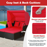 Tangkula Patio Rattan Daybed, Patiojoy Wicker Daybed Loungerw/Retractable Canopy, 2 Foldable Side Panels