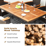 Tangkula 7 Pieces Patio Rattan Dining Set, Outdoor Conversation Set w/Acacia Wood Tabletop & Umbrella Hole, Stackable Chairs w/Soft Cushion