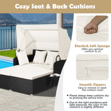 Tangkula Patio Rattan Daybed, Patiojoy Wicker Daybed Loungerw/Retractable Canopy, 2 Foldable Side Panels