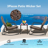 Tangkula 3 Pieces Patio Rocking Bistro Set, PE Rattan Rocking Chairs with Tempered Glass Side Table