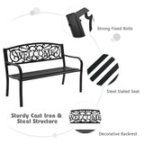 Outdoor Steel Garden Bench Park Bench, 50 Inch Patio Welcome Bench with Slated Seat & Floral Design Backrest