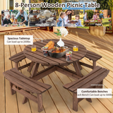 Tangkula 8 Person Cedar Wood Picnic Table, Outdoor Round Picnic Table with 4 Built-in Benches