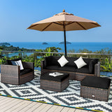 6 Pieces Patio Rattan Sectional Furniture Set, Outdoor Wicker Conversation Set with Glass Coffee Table Sofa Ottoman