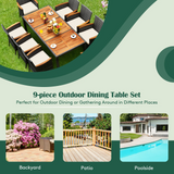Tangkula 9 Pieces Patio Dining Set, Outdoor Acacia Wood & Rattan Furniture Set