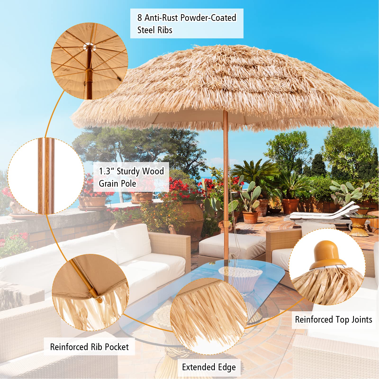 grass patio umbrella Tangkula 8 ft Thatched Patio Umbrella, Hawaiian Style Grass Beach Umbrella with 8 Ribs