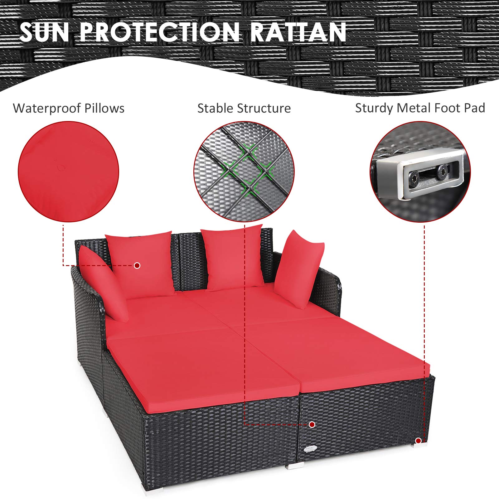 Outdoor Rattan Daybed, Red - Tangkula
