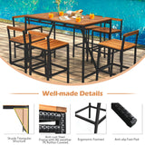 7-Piece Outdoor Acacia Wood Bar Set, Patiojoy Outdoor Rattan High-Dining 6 Bar Stools and 1 Rectangular Table with Umbrella Hole