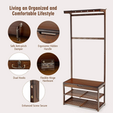 Tangkula 5 in 1 Industrial Hall Tree, Bamboo Coat Rack Shoe Bench with 10 Hanging Hooks and 2-Tier Shoe Shelves