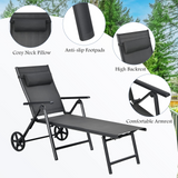 Tangkula Patio Lounge Chair w/Wheels, Outdoor Folding Chaise Lounger w/7 Adjustable Backrest Positions