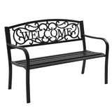 Outdoor Steel Garden Bench Park Bench, 50 Inch Patio Welcome Bench with Slated Seat & Floral Design Backrest