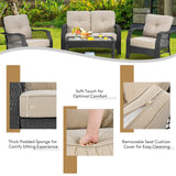 4 Pieces Outdoor Patio Furniture Set, Patiojoy PE Wicker Conversation Sofa Set with Tempered Glass Coffee Table