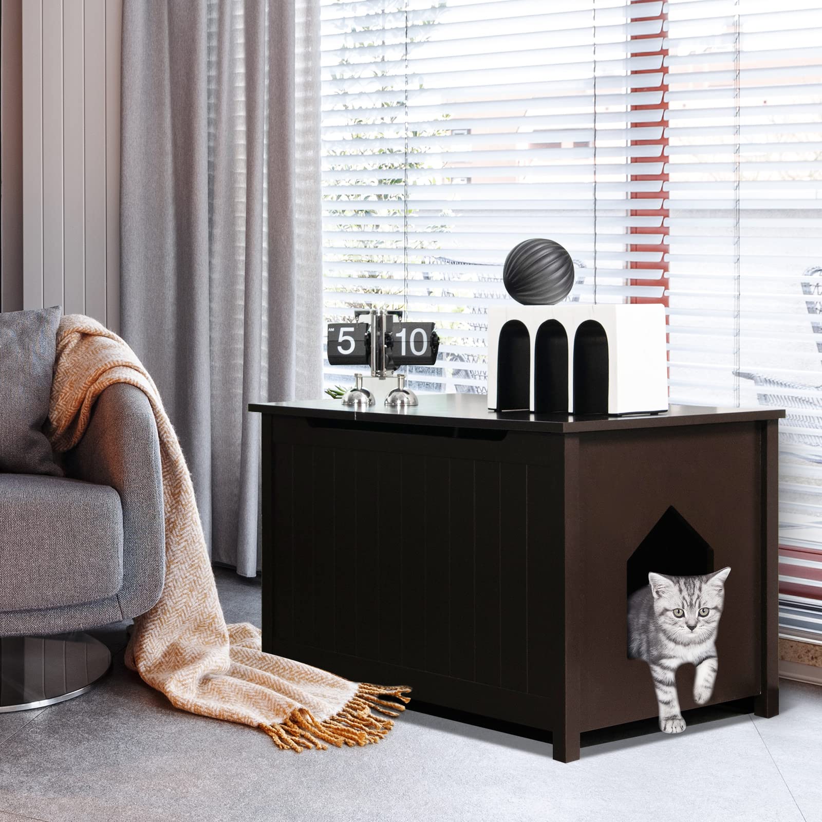 Tangkula Cat Litter Box Enclosure, Flip Top Hidden Cat Washroom with R