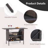 Tangkula Outdoor Wicker Bar Table with 2 Metal Mesh Shelves & 2-Rail Steel Stemware Racks(Mix Brown)