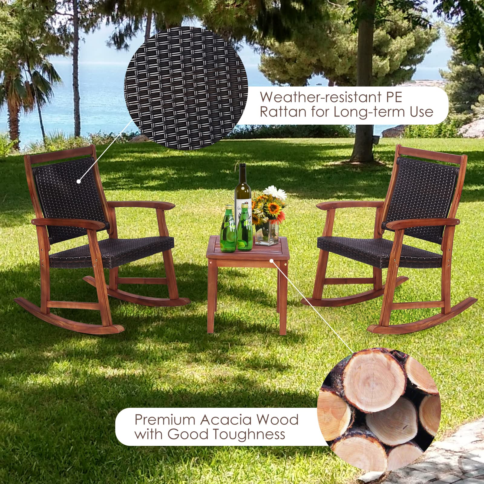 Tangkula 3 Pieces Patio Rocking Chair Set