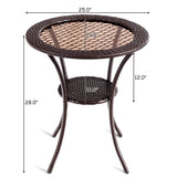 25" Patio Wicker Coffee Table Outdoor Backyard Lawn Balcony Pool Round Tempered Glass Top Wicker Rattan Steel Frame Table Furniture