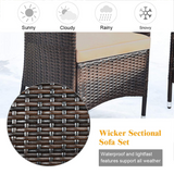 Tangkula 4-PCS Patio Rattan Conversation Set, Outdoor Wicker Furniture Set with Tempered Glass Coffee Table &Thick Cushion