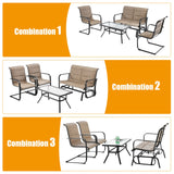 4 Pieces Outdoor Furniture Set, Coffee Table, 2-Person Swing Glider Loveseat and 2 Spring Motion Dining Chairs(Brown)
