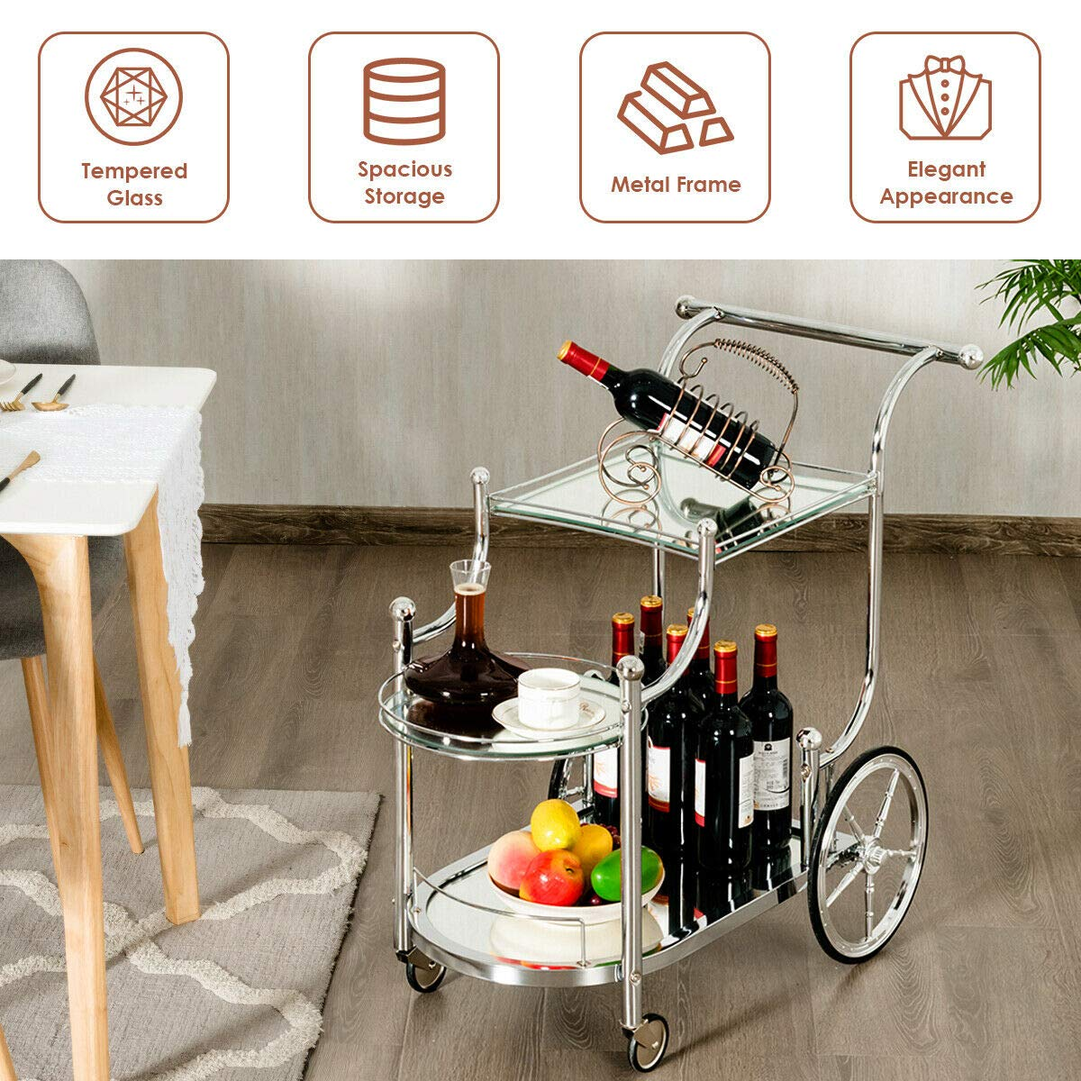 Metal Serving Cart with Tempered Glass - Tangkula