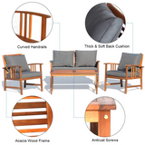Tangkula 4 PCS Acacia Wood Patio Furniture Set, Outdoor Seating Chat Set with Gray Cushions & Back Pillow