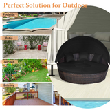 Tangkula Patio Round Daybed with Retractable Canopy, Outdoor Wicker Rattan Furniture Sets