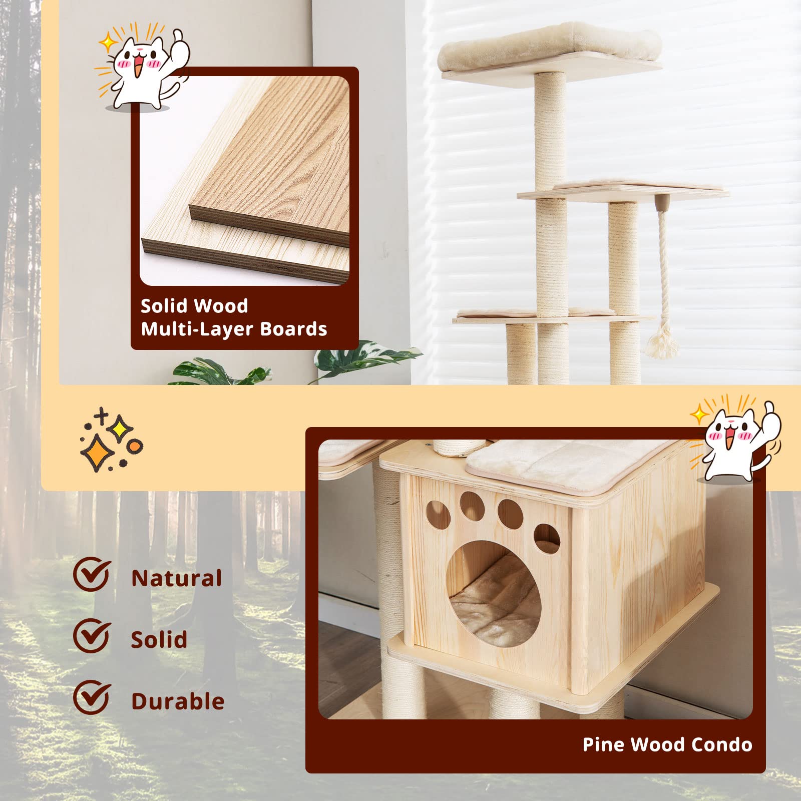 Tangkula Modern Wood Cat Tree, 67 Inch MultiLevel Tall Cat Tree Tower
