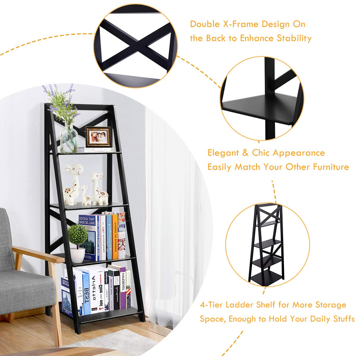 4-Tier Ladder Shelf Bookcase - Tangkula