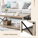 Tangkula Rustic Coffee Table, Farmhouse Accent Cocktail Table w/2 Tier Storage Shelf, Wide Tabletop & X Metal Frame