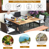 Tangkula 6 Pieces Patio Dining Set, Outdoor Acacia Wood and Wicker Furniture Set w/2.16" Hole