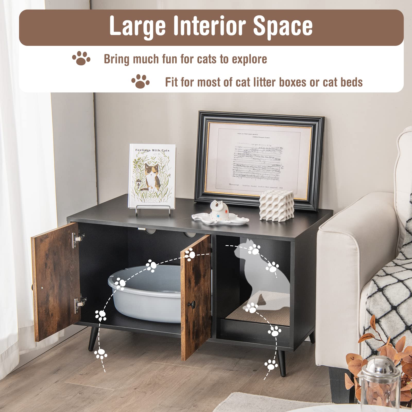 Cat Litter Box Enclosure, Cat Washroom W/Divider - Tangkula