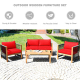 Outdoor Wood Furniture Set, Acacia Wood Frame Loveseat Sofa, 2 Single Chairs and Coffee Table
