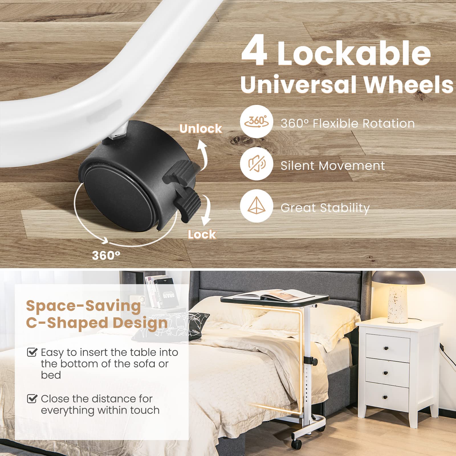 Overbed Table with Wheels - Tangkula