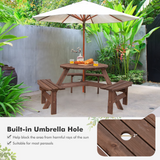 Tangkula 6 Person Cedar Wood Picnic Table, Outdoor Round Picnic Table with 3 Built-in Benches, Umbrella Hole, Outside Table and Bench Set