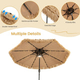 Tangkula 9 ft Thatched Patio Umbrella, 2 Tier Hawaiian Style Grass Beach Umbrella with 32 Led Lights