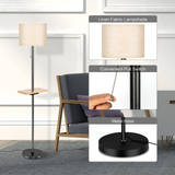 Tangkula Modern Floor Lamp with Tray Table, Indoor 3-in-1 Floor Lamp with Linen Fabric Shade & Rubber Wood Tray Table