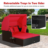 Tangkula Patio Rattan Daybed, Patiojoy Wicker Daybed Loungerw/Retractable Canopy, 2 Foldable Side Panels