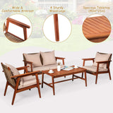 4/8PCS Patio Wood Sofa Set, Outdoor Acacia Wood Seating Chat Set with Cushions & Coffee Table
