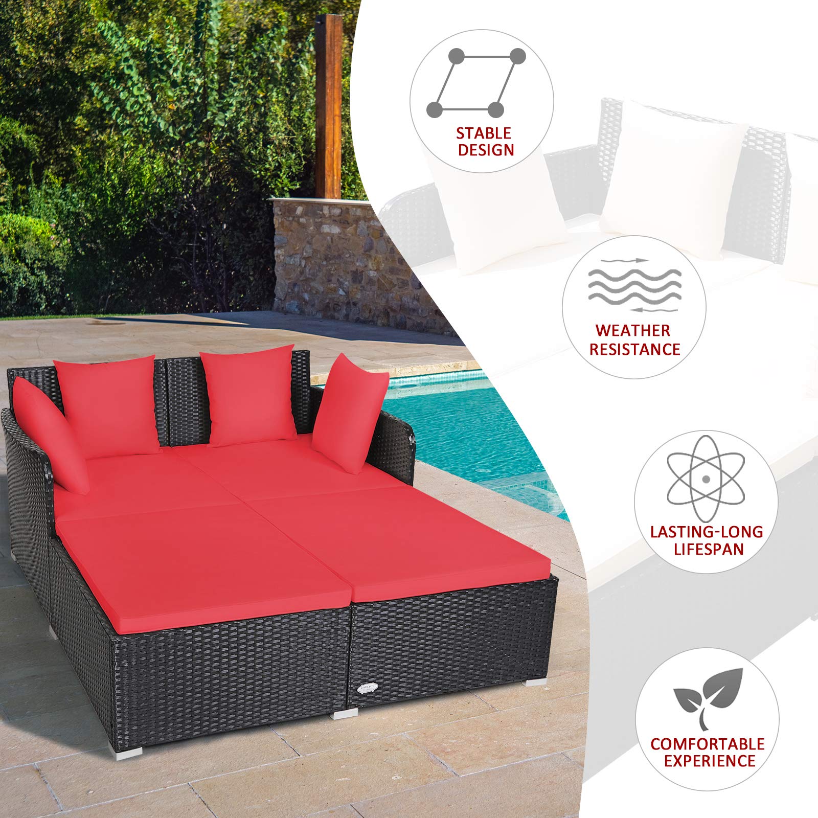 Outdoor Rattan Daybed, Red - Tangkula