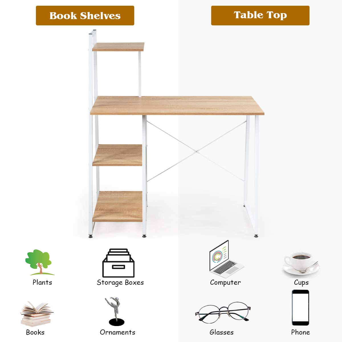 Computer Desk with 4 Tier Shelves - Tangkula