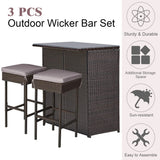 Tangkula Patio Bar Set, 3 Piece Outdoor Rattan Wicker Bar Set with 2 Cushions Stools & Glass Top Table