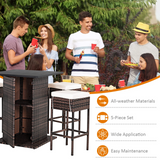 Tangkula 5 Piece Outdoor Rattan Bar Set, Patio Bar Furniture with 4 Cushions Stools and Smooth Top Table