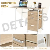 Tangkula Folding Computer Desk with 3 Storage Drawers, Mobile Home Office Desk Study Writing Desk