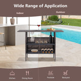 Tangkula Outdoor Wicker Bar Table with 2 Metal Mesh Shelves & 2-Rail Steel Stemware Racks(Mix Brown)
