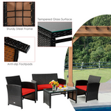 Tangkula 4 Pieces Rattan Furniture Set, Outdoor Conversation Set w/Chair & Loveseat & Tempered Glass Coffee Table